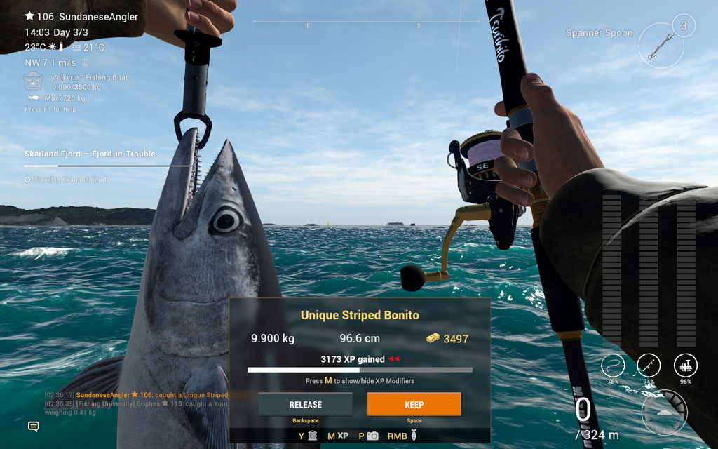 Unique Striped Bonito catch in Fishing Planet showing 3497 coins and 3173 XP at Kaiji No Ri