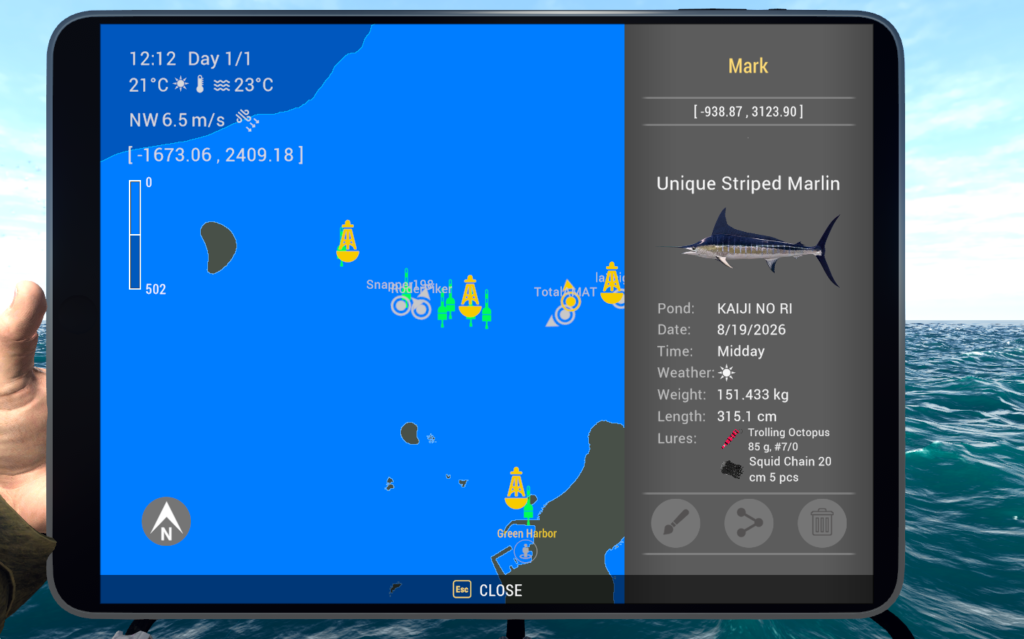 Kaiji No Ri map showing Striped Marlin catch location off Green Harbor in Fishing Planet
