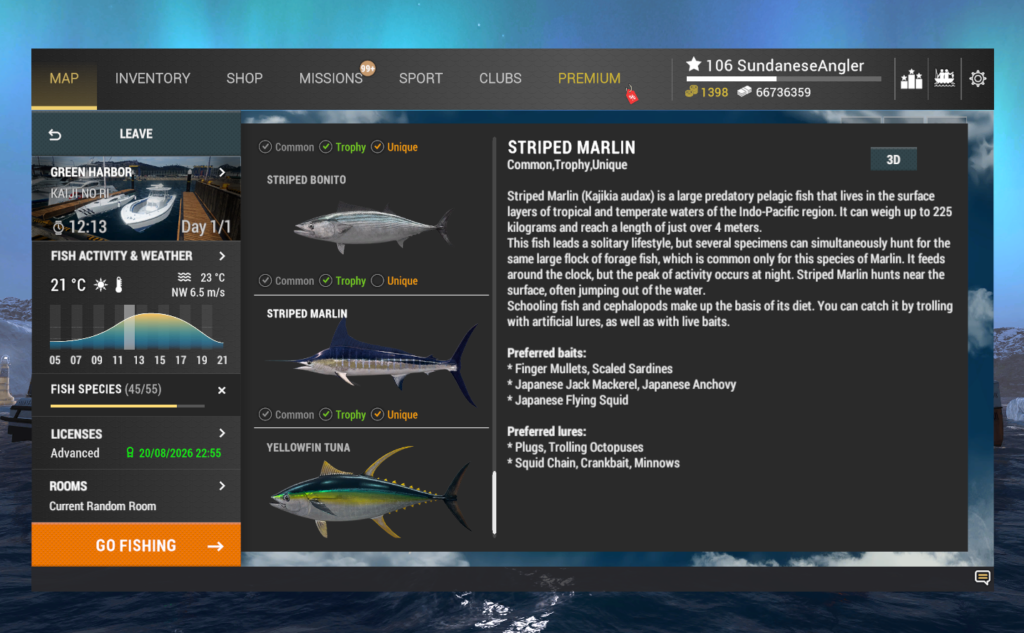 Striped Marlin in-game info and preferred lures in Fishing Planet at Kaiji No Ri