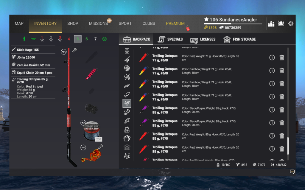 Trolling rig inventory for Striped Marlin in Fishing Planet showing Kodo Kage 155 and Trolling Octopus