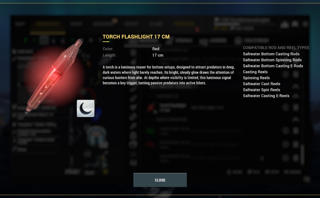 Torch Flashlight luminous teaser detail in Fishing Planet for deep water bottom fishing