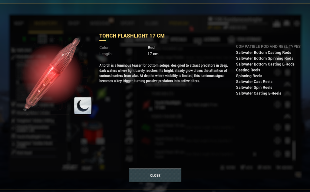 Torch Flashlight 17 cm luminous teaser detail in Fishing Planet inventory