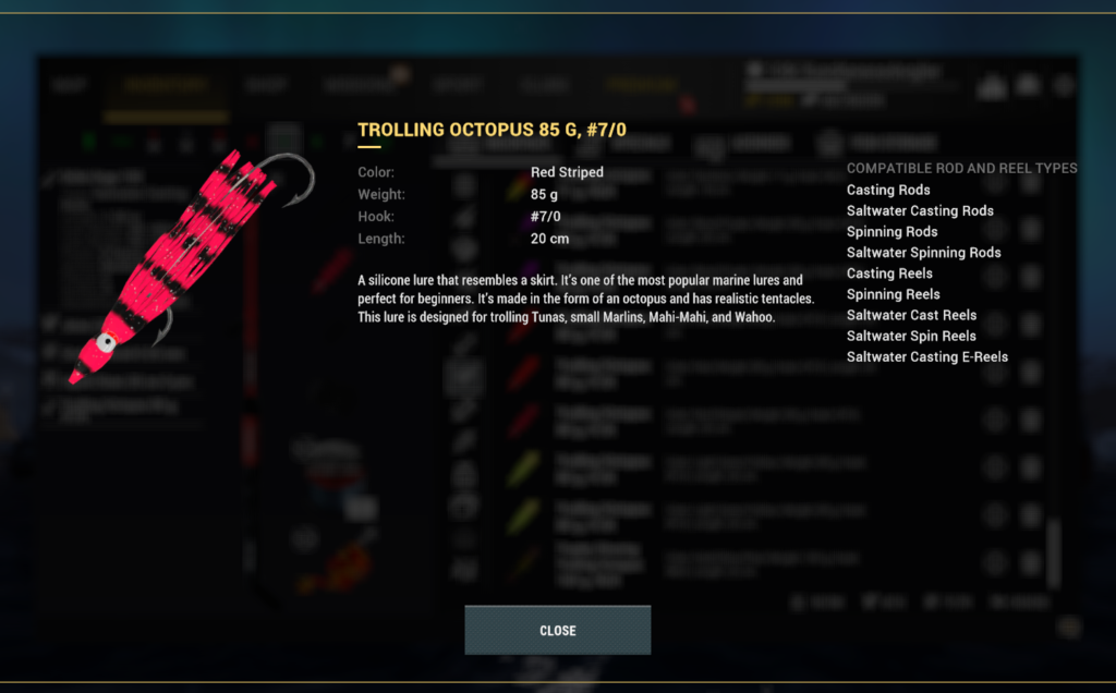 Trolling Octopus 85g lure detail in Fishing Planet for trolling marlin and tuna