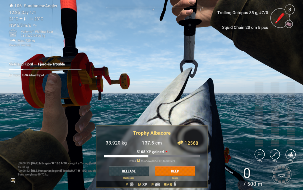 Trophy Albacore catch in Fishing Planet showing 12568 coins and 5108 XP at Kaiji No Ri