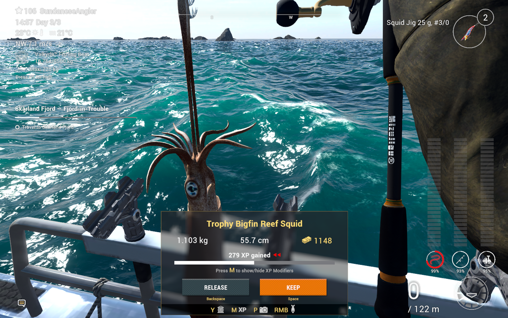 Trophy Bigfin Reef Squid catch in Fishing Planet showing 1148 coins and 279 XP at Kaiji No Ri