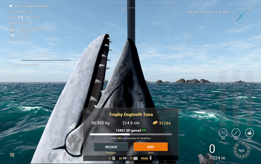 Trophy Dogtooth Tuna catch in Fishing Planet showing 31244 coins and 12831 XP at Kaiji No Ri
