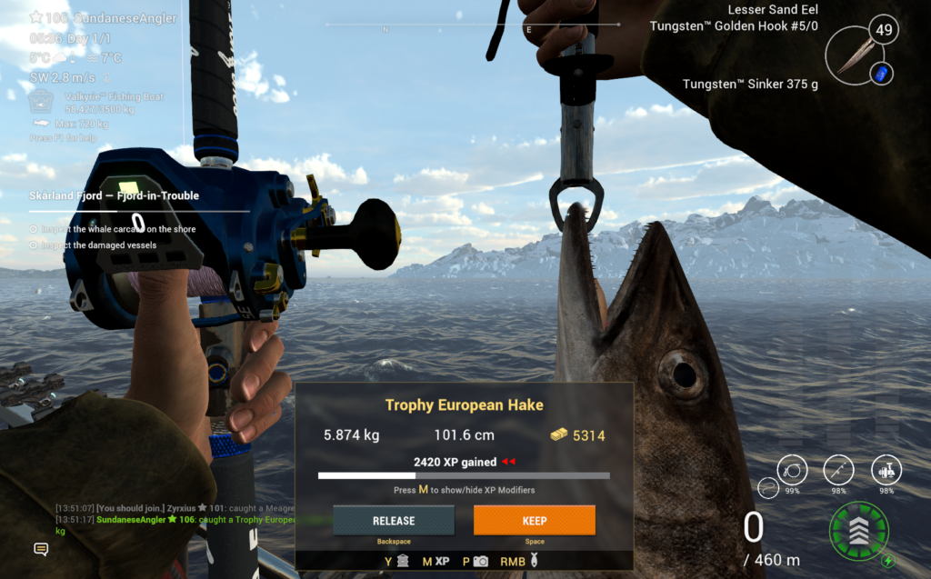 Trophy European Hake catch in Fishing Planet showing coins and XP gained at Skarland Fjord