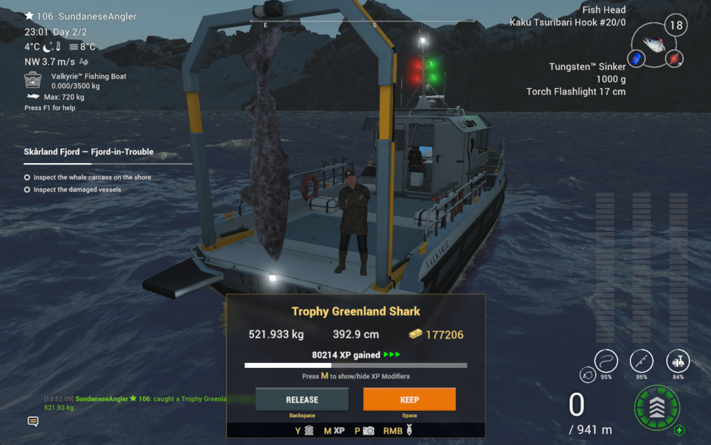 Trophy Greenland Shark catch in Fishing Planet showing 177206 coins and 80214 XP at Skarland Fjord