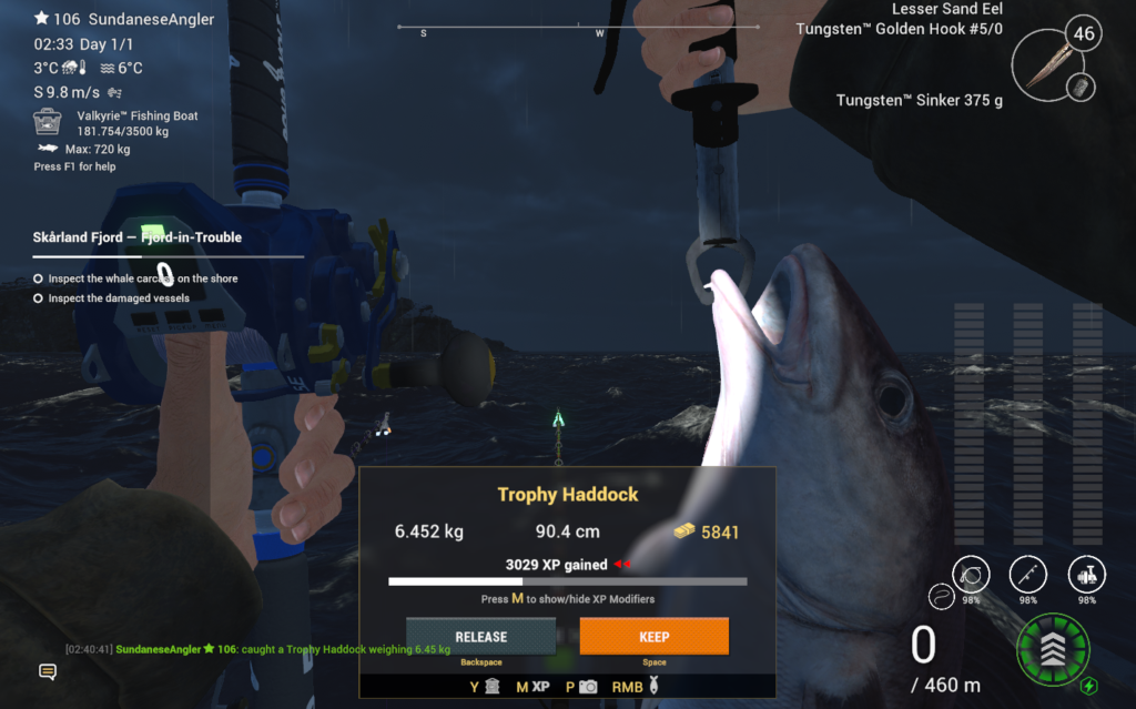 Trophy Haddock catch in Fishing Planet showing 5841 coins and 3029 XP at Skarland Fjord