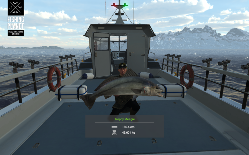 Trophy Meagre catch in Fishing Planet showing 20412 coins and 13725 XP gained at Skarland Fjord