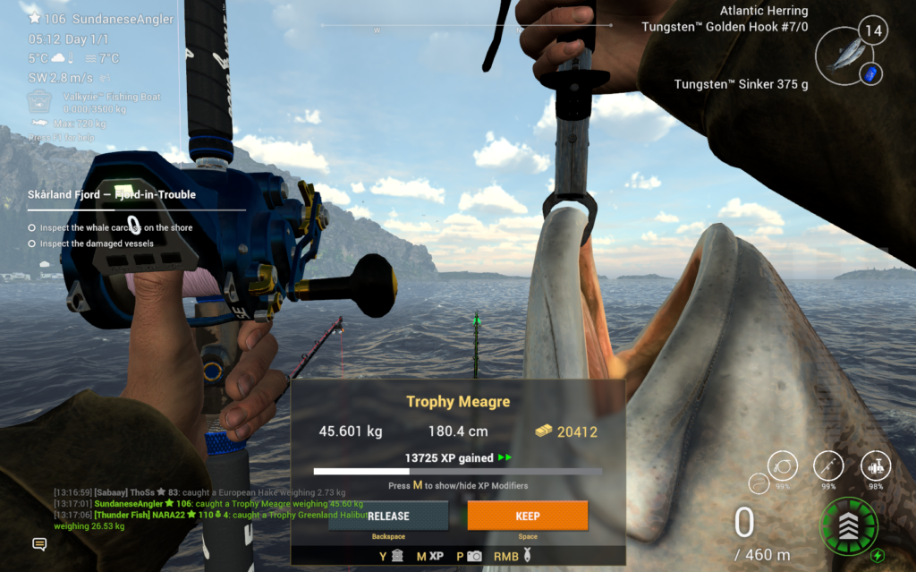 Trophy Meagre 180 cm 45 kg caught at Skarland Fjord in Fishing Planet photo mode