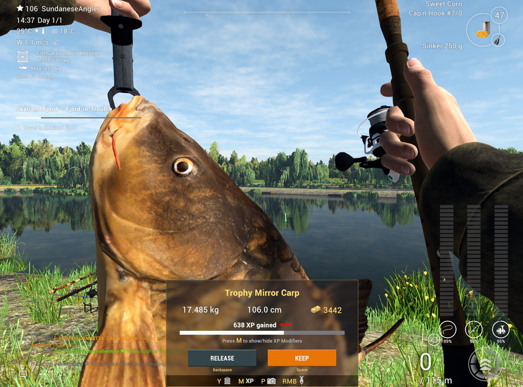 Trophy Mirror Carp catch in Fishing Planet showing 3442 coins and 638 XP at Weeping Willow Fisheries