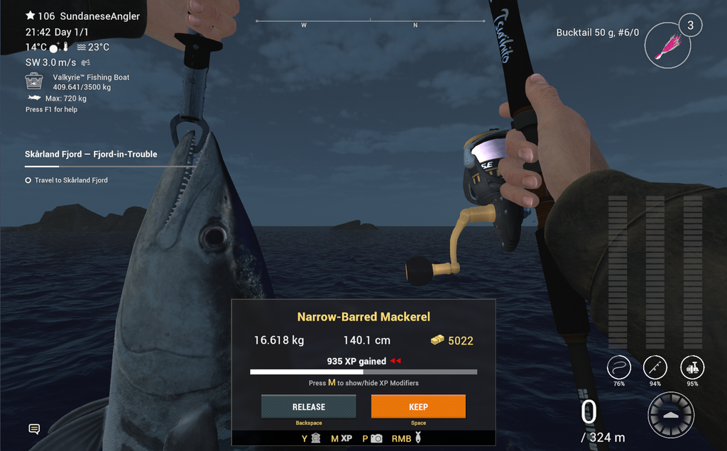 Trophy Narrow-Barred Mackerel catch in Fishing Planet showing 5022 coins and 935 XP at Kaiji No Ri