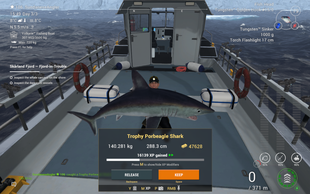Trophy Porbeagle Shark catch in Fishing Planet showing 47628 coins and 16139 XP at Skarland Fjord