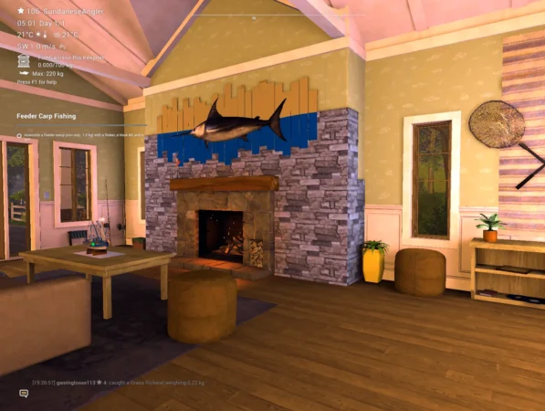 Inside the Trophy Room of the Angler's House in Fishing Planet with a mounted marlin above the fireplace