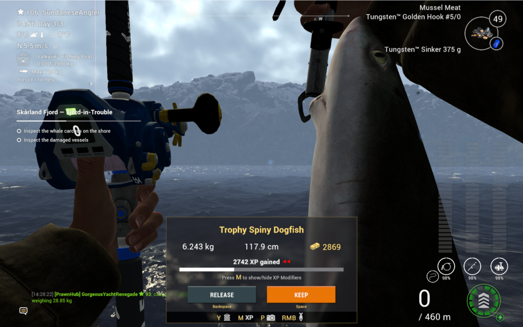 Trophy Spiny Dogfish catch in Fishing Planet showing coins and XP gained at Skarland Fjord