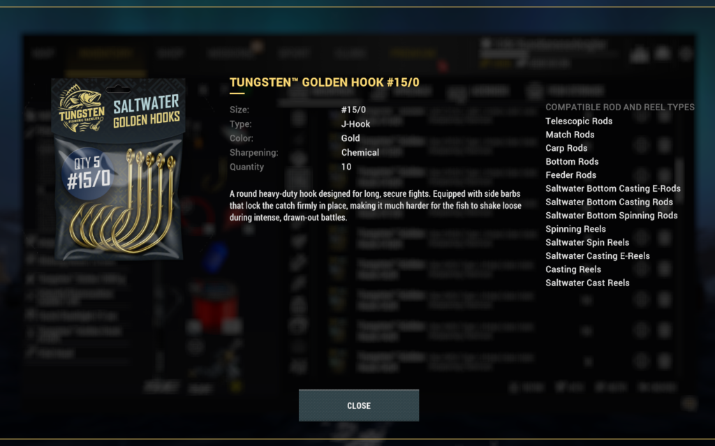 Tungsten Golden Hook 15/0 detail in Fishing Planet inventory