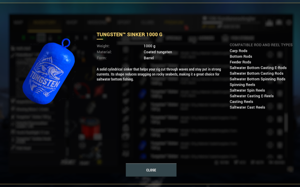 Tungsten Sinker 1000 g detail in Fishing Planet inventory