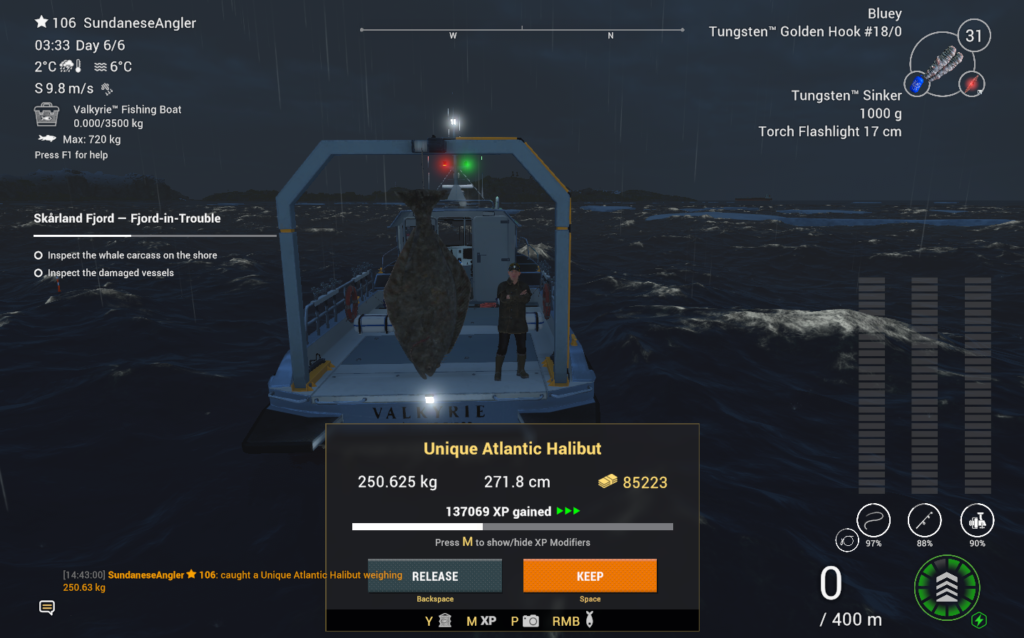 Unique Atlantic Halibut catch in Fishing Planet showing 85223 coins and 137069 XP at Skarland Fjord