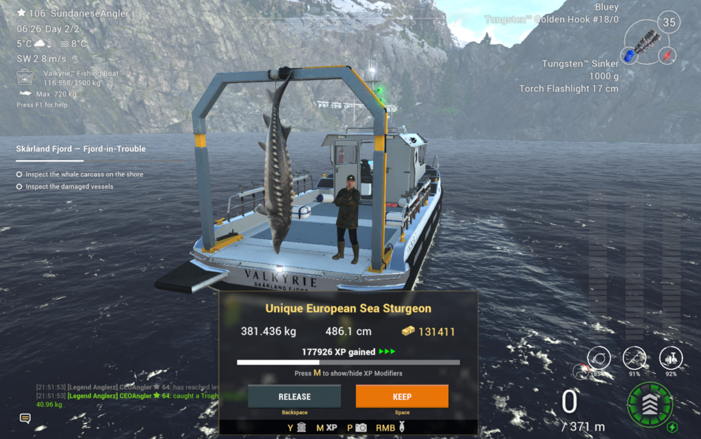 Unique European Sea Sturgeon catch in Fishing Planet showing 131411 coins and 177926 XP at Skarland Fjord