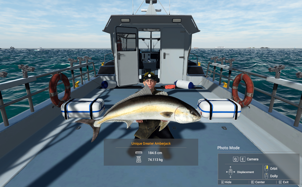 Unique Greater Amberjack held on the boat deck at Kaiji No Ri in Fishing Planet, 184.5 cm and 74.113 kg