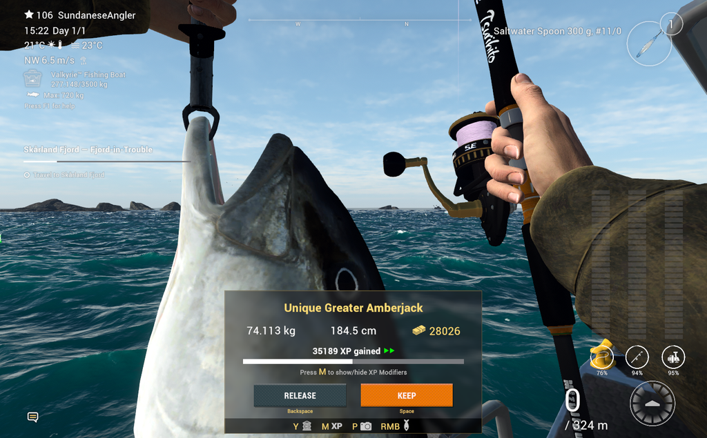 Unique Greater Amberjack catch in Fishing Planet showing 28026 coins and 35189 XP at Kaiji No Ri