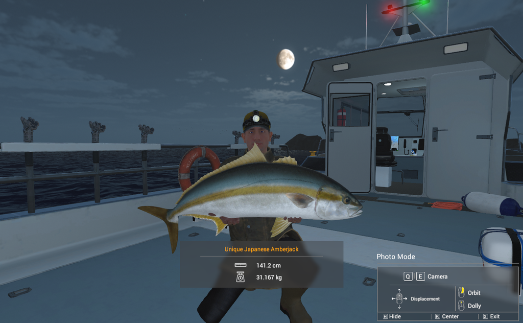 Unique Japanese Amberjack held on the boat deck at night at Kaiji No Ri in Fishing Planet, 141.2 cm and 31.167 kg