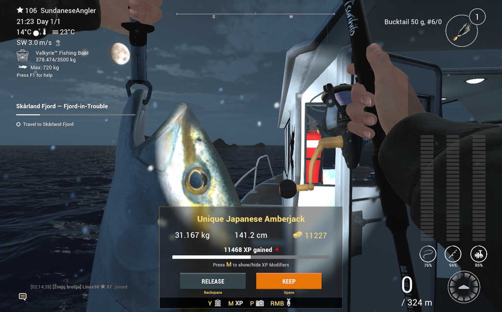 Unique Japanese Amberjack catch in Fishing Planet showing 11227 coins and 11468 XP at Kaiji No Ri