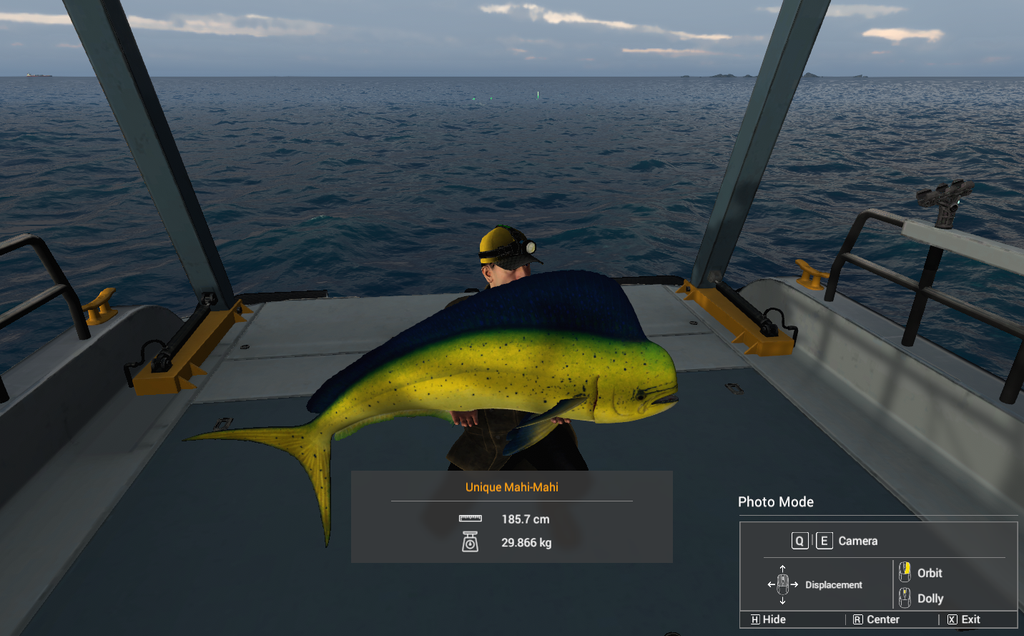 Unique Mahi-Mahi held on the boat deck at Kaiji No Ri in Fishing Planet, 185.7 cm and 29.866 kg