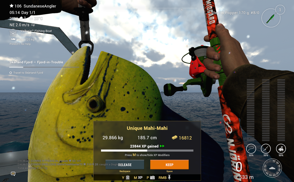 Unique Mahi-Mahi catch in Fishing Planet showing 16812 coins and 23844 XP at Kaiji No Ri