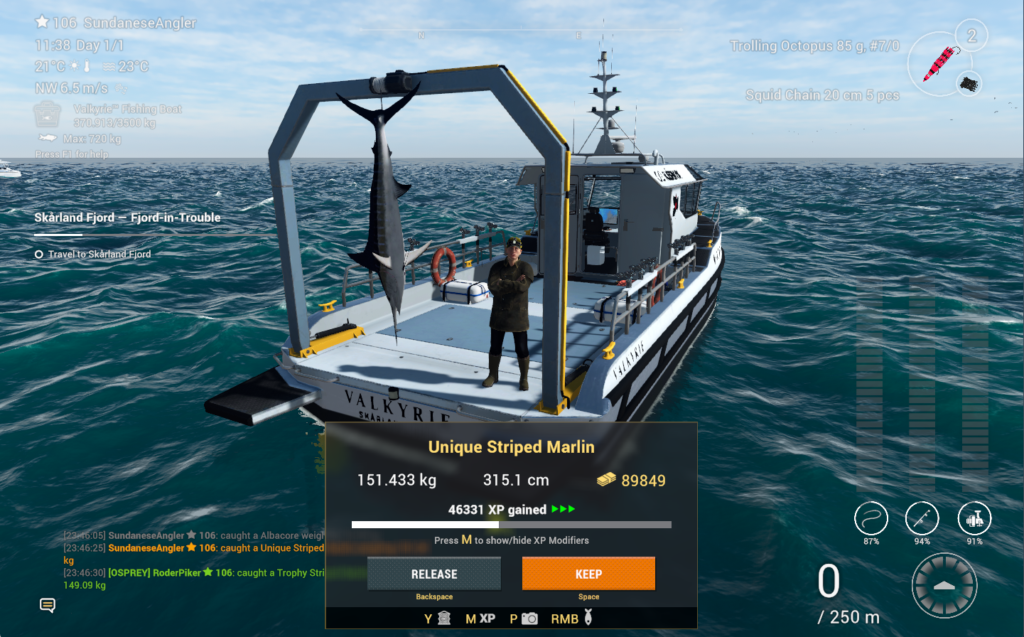 Unique Striped Marlin catch in Fishing Planet showing 89849 coins and 46331 XP at Kaiji No Ri