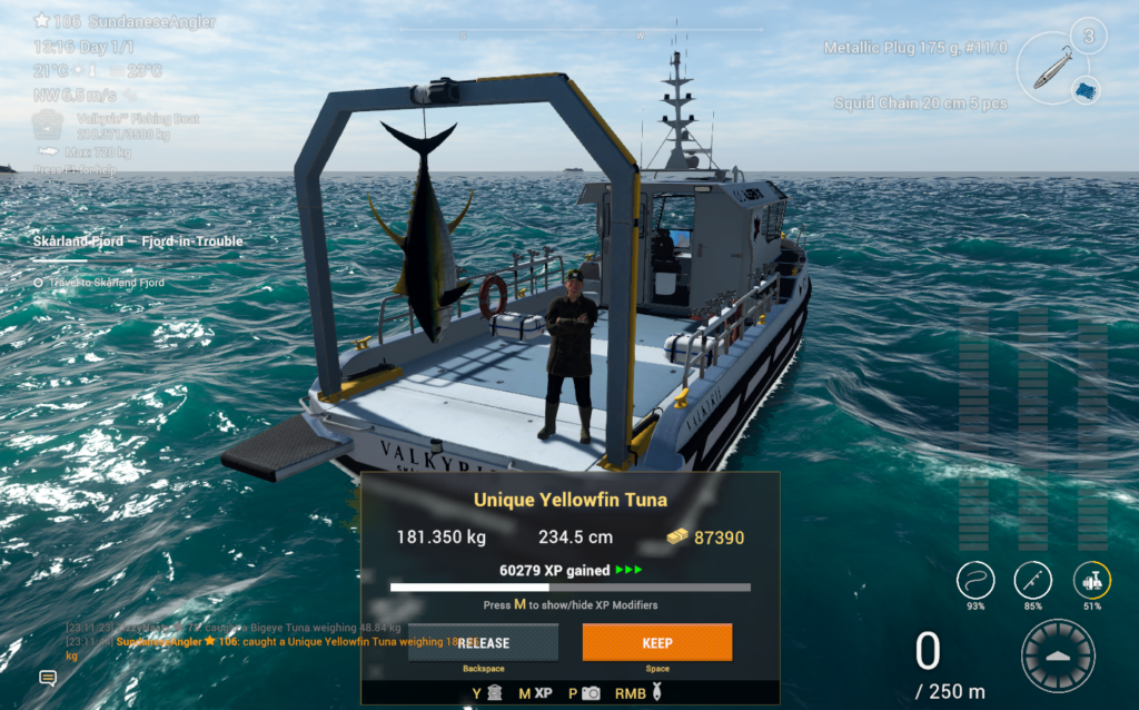 Unique Yellowfin Tuna catch in Fishing Planet showing 87390 coins and 60279 XP at Kaiji No Ri