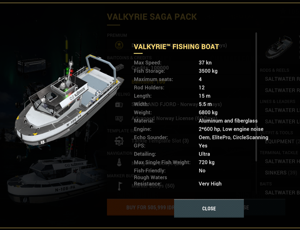 Valkyrie Saga Pack contents screen in Fishing Planet