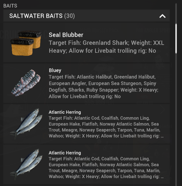 Saltwater baits in the Valkyrie Saga Pack in Fishing Planet