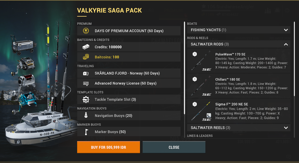Valkyrie Saga Pack full contents list in Fishing Planet showing consumables and storage