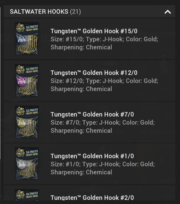 Tungsten Golden Hooks in the Valkyrie Saga Pack in Fishing Planet, sizes 1/0 to 16/0