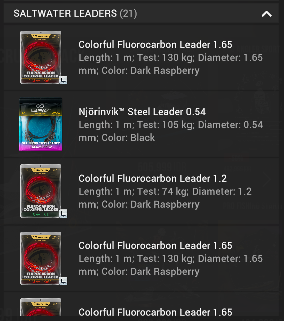 Saltwater leaders in the Valkyrie Saga Pack in Fishing Planet including fluorocarbon steel and titanium