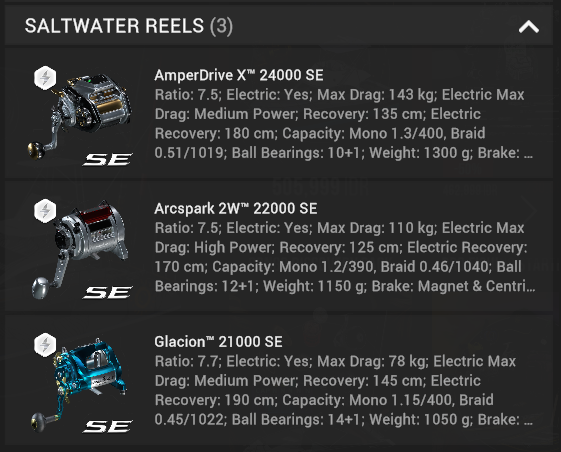 The three saltwater electric reels in the Valkyrie Saga Pack in Fishing Planet