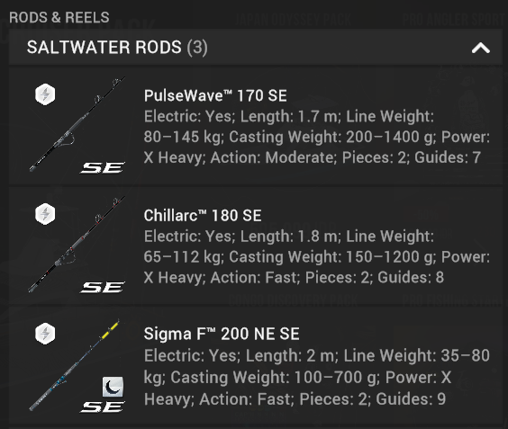 The three saltwater electric rods in the Valkyrie Saga Pack in Fishing Planet