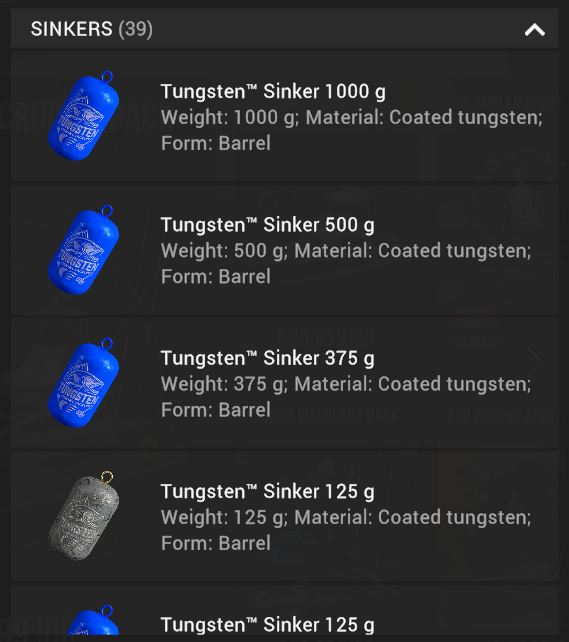 Tungsten Sinkers in the Valkyrie Saga Pack in Fishing Planet in barrel form