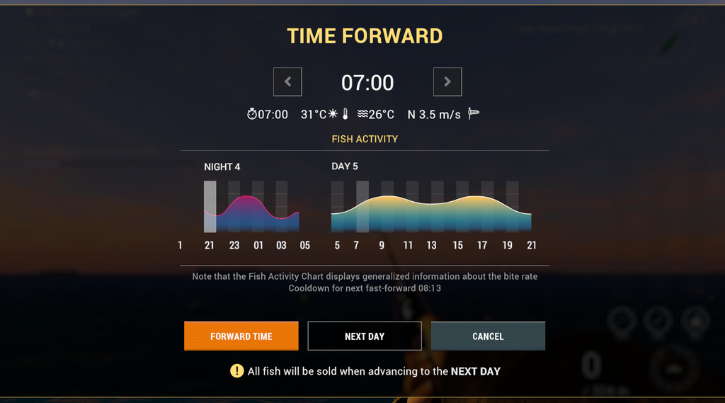 Fish activity chart at Noomaa Kuda Atholhu in Fishing Planet showing day and night bite rate