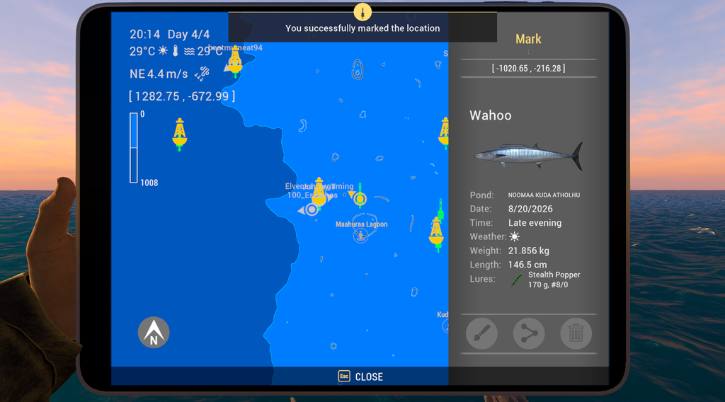 Noomaa Kuda Atholhu map showing Wahoo catch location in Fishing Planet
