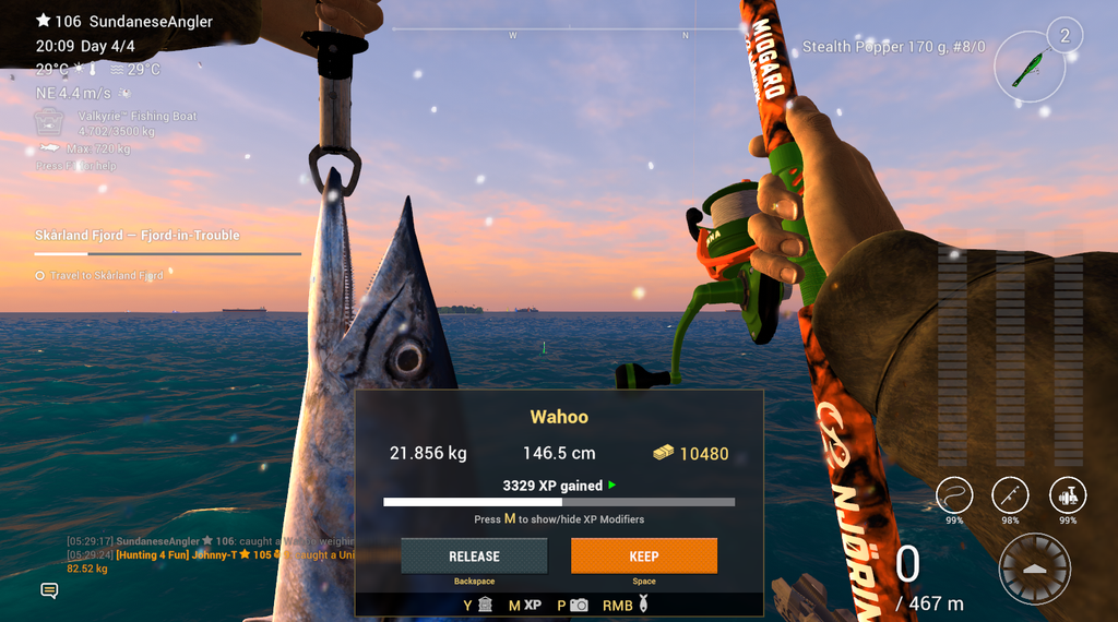 Trophy Wahoo catch in Fishing Planet showing 10480 coins and 3329 XP at Noomaa Kuda Atholhu