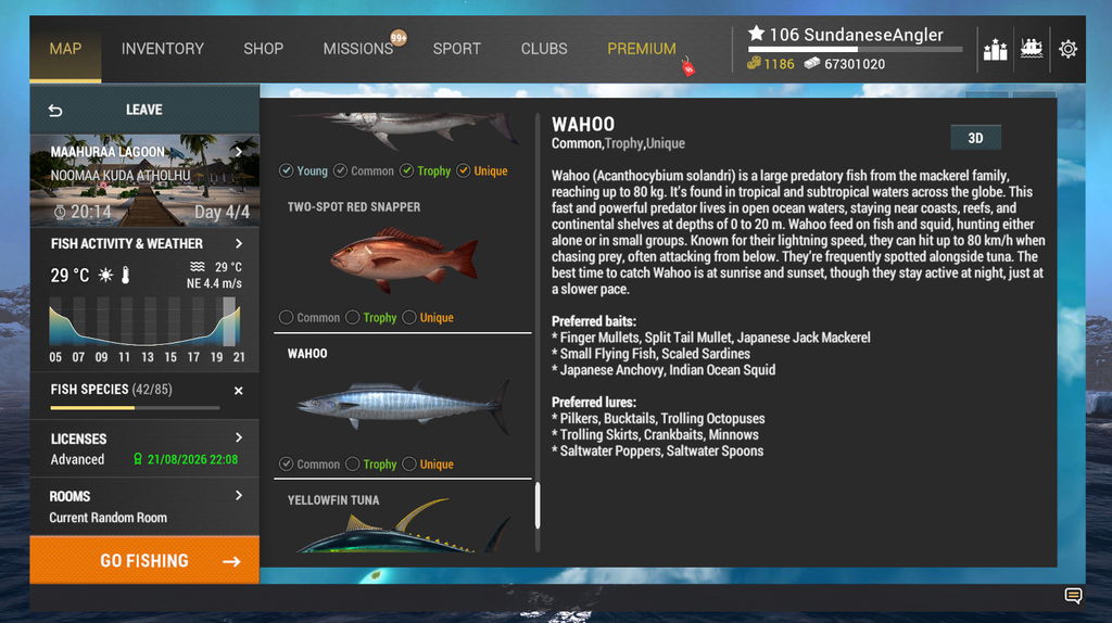 Wahoo in-game info and preferred baits and lures in Fishing Planet at Noomaa Kuda Atholhu
