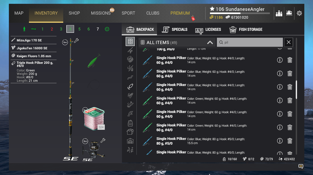 Topwater popper rig for Wahoo in Fishing Planet showing MizuJigu 170 SE and Stealth Popper