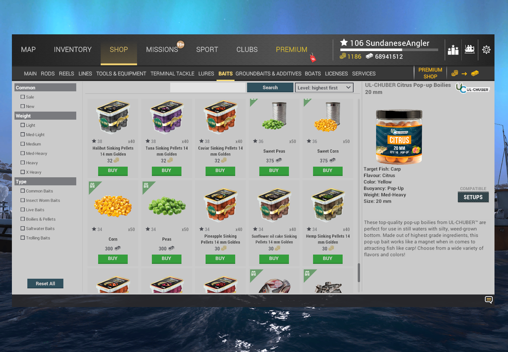 Carp baits in the Fishing Planet shop including corn, boilies, and pellets for Weeping Willow