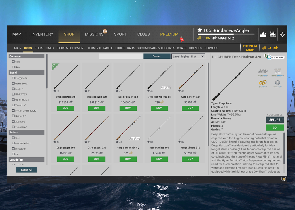 Carp rods in the Fishing Planet shop suitable for Weeping Willow Fisheries