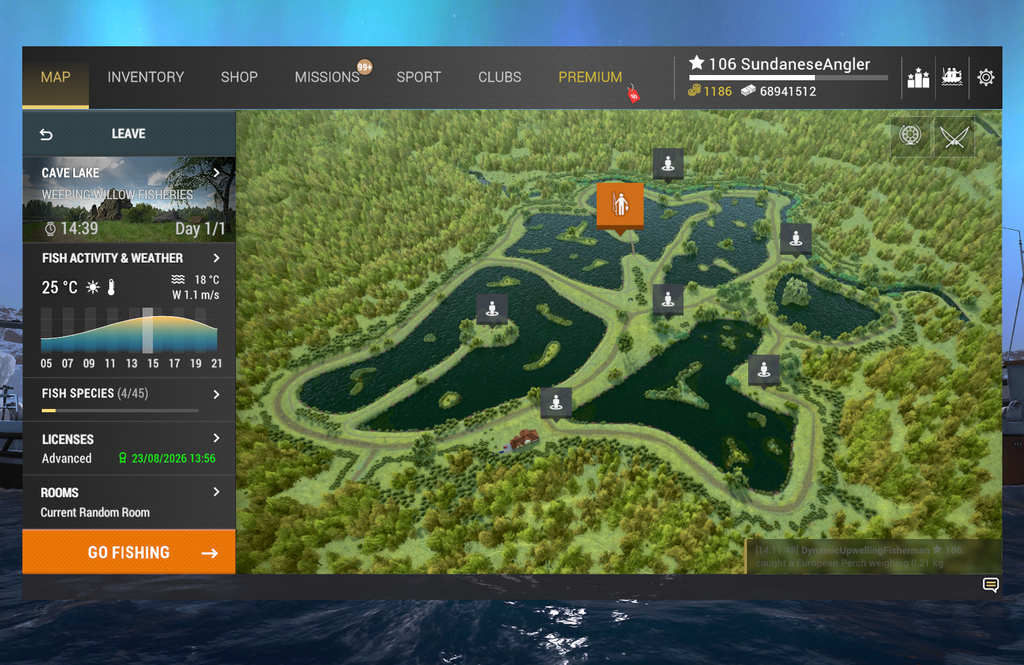 Weeping Willow Fisheries map overview in Fishing Planet showing the five lakes and fishing spots