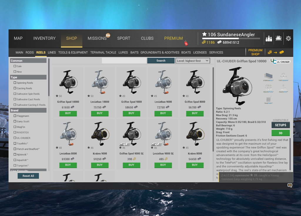 Spinning reels in the Fishing Planet shop for predator fishing at Weeping Willow