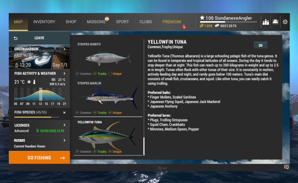 Yellowfin Tuna in-game info and preferred lures in Fishing Planet at Kaiji No Ri